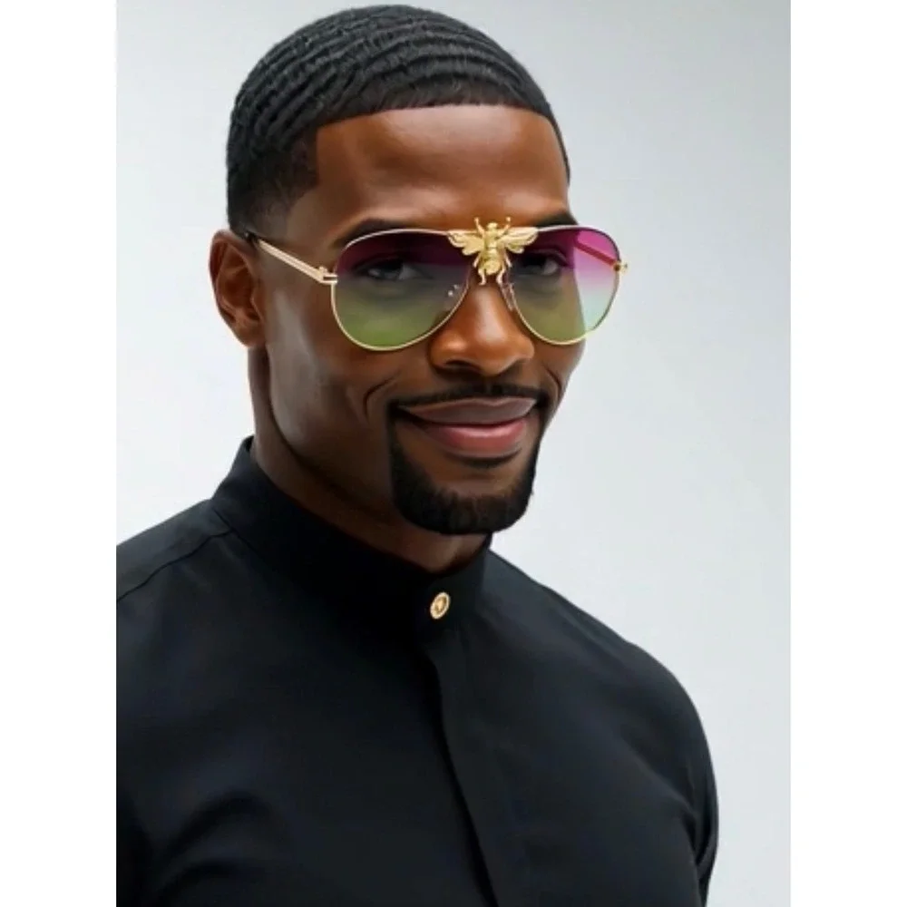 Gold Sunglasses Men Rimless Magenta Green Gradient Lens Metal Frame Hip Hop 2026